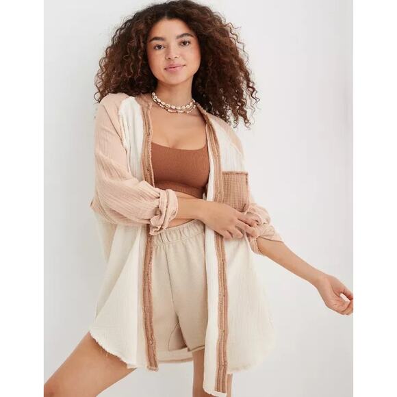 Aerie Pool-To-Party Oversized Cover-Up Shirt in Cappucino Color Black Womens XS - Picture 5 of 11